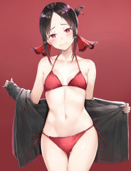 Rule 34 | 1girl, bare shoulders, bikini, black hair, black jacket, blush, breasts, breasts apart, collarbone, cowboy shot, folded ponytail, gluteal fold, groin, hair ribbon, head tilt, highres, irohakaede, jacket, kaguya-sama wa kokurasetai ~tensai-tachi no renai zunousen~, looking at viewer, navel, open clothes, open jacket, parted bangs, red background, red bikini, red eyes, red ribbon, ribbon, shinomiya kaguya, side-tie bikini bottom, sidelocks, simple background, small breasts, smile, solo, standing, stomach, swimsuit, thighs, undressing, unzipped