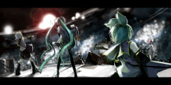 Rule 34 | 1boy, 2girls, bad id, bad pixiv id, bass guitar, blonde hair, blueman, blurry, concert, depth of field, detached sleeves, from behind, green hair, guitar, hatsune miku, instrument, kagamine len, kagamine rin, letterboxed, long hair, microphone, microphone stand, multiple girls, short hair, skirt, stage, standing, thighhighs, twintails, very long hair, vocaloid