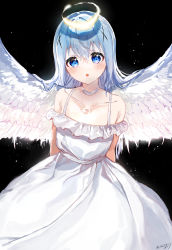 Rule 34 | 1girl, :o, absurdres, angel, angel wings, arms behind back, bare shoulders, black background, blue eyes, blue hair, choker, collarbone, commentary request, dress, feathered wings, gochuumon wa usagi desu ka?, hair between eyes, hair ornament, halo, highres, kafuu chino, long hair, looking at viewer, open mouth, seize, simple background, solo, spread wings, sundress, upper body, white choker, white dress, white wings, wings, x hair ornament