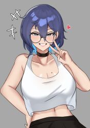 Rule 34 | 1girl, black choker, blue eyes, blue hair, breasts, choker, cleavage, crop top, grey background, grin, heart, highres, looking at viewer, medium breasts, midriff, mole, mole on breast, original, short hair, smile, solo, tank top, teeth, upper body, v, zet (twt zet)