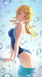 Rule 34 | 1girl, absurdres, ahoge, amochin, blonde hair, blue eyes, blue one-piece swimsuit, blush, breasts, commentary request, competition swimsuit, grin, hachimiya meguru, hair ornament, hairclip, highleg, highleg swimsuit, highres, idolmaster, idolmaster shiny colors, long hair, looking at viewer, low twintails, medium breasts, multicolored clothes, multicolored swimsuit, one-piece swimsuit, one eye closed, partially submerged, pool, poolside, smile, solo, star (symbol), star hair ornament, swimsuit, teeth, twintails, two-tone swimsuit, wading, water, wet, wet clothes, wet swimsuit, white one-piece swimsuit