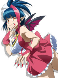 Rule 34 | 1girl, bat wings, blue hair, breasts, dress, fang, fang out, fingernails, from behind, highres, long fingernails, looking at viewer, looking back, medium breasts, millaarc, miyabi mt-b, multicolored hair, nail polish, orange eyes, pink dress, pink hair, pink nails, pointy ears, senki zesshou symphogear, senki zesshou symphogear, sharp fingernails, short hair, simple background, sleeveless, sleeveless dress, solo, standing, two-tone hair, vampire, white background, wings