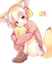 Rule 34 | 10s, 1girl, :d, animal ears, arare mochiko, blonde hair, bow, bowtie, brown eyes, cardigan, collared shirt, fennec (kemono friends), fox ears, fox tail, full body, half-closed eyes, japari symbol, kemono friends, long sleeves, multicolored hair, open mouth, pleated skirt, shirt, short hair, simple background, skirt, smile, solo, tail, thighhighs, two-tone hair, white background, white skirt, yellow bow, zettai ryouiki