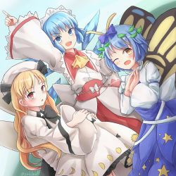 Rule 34 | 3girls, :o, antennae, arm above head, ascot, black bow, black neckwear, blonde hair, blue bow, blue dress, blue eyes, blue hair, blue sky, bow, butterfly wings, chinese commentary, cirno, clownpiece, commentary request, cosplay, cowboy shot, day, dress, dutch angle, eternity larva, hair bow, hands on own knees, hat, hat ribbon, headdress, highres, index finger raised, insect wings, juliet sleeves, layered dress, leaf, leaf on head, long hair, long sleeves, looking at viewer, luna child, luna child (cosplay), moon phases, moon print, multiple girls, neck ribbon, obi, one eye closed, open mouth, outdoors, own hands together, puffy sleeves, red eyes, ribbon, sash, short hair, sitting, sky, standing, star (symbol), star print, star sapphire, star sapphire (cosplay), sunny milk, sunny milk (cosplay), teeth, touhou, twitter username, upper teeth only, very long hair, white dress, wings, yellow eyes, yellow neckwear, yu cha