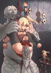 Rule 34 | 1boy, 2girls, absurdres, armor, blonde hair, blue eyes, blush, breasts, cave, colored skin, defeat, drawing sword, ebonyxh, elf, flat chest, full nelson, grey skin, heavy breathing, hetero, highres, holding, holding sword, holding weapon, large penis, leather armor, long hair, multiple girls, nipples, nude, ogre, open mouth, original, penis, pointy ears, pubic hair, pussy, reverse suspended congress, sex, sex from behind, side ponytail, skull, spread legs, standing, standing sex, stomach bulge, suspended congress, sweat, sword, testicles, thighhighs, tongue, tongue out, uncensored, vaginal, weapon