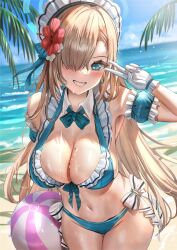Rule 34 | 1girl, asuna (blue archive), ball, beach, beachball, bikini, blonde hair, blue archive, blue bikini, blue eyes, blush, breasts, flower, frilled bikini, frills, gloves, hair flower, hair ornament, hair over one eye, hairband, highres, himonoata, holding, large breasts, lolita hairband, long hair, looking at viewer, mole, mole on breast, ocean, one eye covered, outdoors, ribbon, smile, solo, swimsuit, teeth