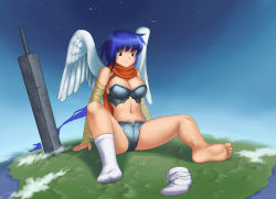 Rule 34 | angel wings, armor, barefoot, bikini armor, blue hair, breasts, brown eyes, cape, cleavage, cloud, feet, giant, giantess, highres, huge giantess, large breasts, no shoes, pogojo, scarf, serious, sitting, socks, soles, sword, toes, weapon, wings