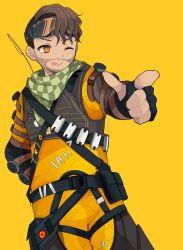 Rule 34 | 1boy, absurdres, animification, apex legends, belt, black belt, black gloves, bodysuit, brown hair, checkered clothes, checkered scarf, fingerless gloves, gloves, goggles, goggles on head, hair behind ear, highres, kansaibito, looking ahead, male focus, mirage (apex legends), one eye closed, orange background, orange bodysuit, orange eyes, pouch, scarf, smile, solo, tongue, tongue out