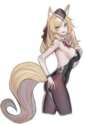 Rule 34 | 1girl, animal ear fluff, animal ears, arknights, armpits, backless leotard, bare shoulders, black hat, black leotard, blonde hair, blue eyes, bow, bowtie, bracelet, breasts, brown pantyhose, cropped legs, detached collar, echj, from side, hair ribbon, hand on own chest, hat, highleg, highleg leotard, highres, horse ears, horse girl, horse tail, jewelry, large breasts, leotard, long hair, looking at viewer, nontraditional playboy bunny, open mouth, pantyhose, playboy bunny, revision, ribbon, short eyebrows, simple background, smile, solo, strapless, strapless leotard, tail, whislash (arknights), white background