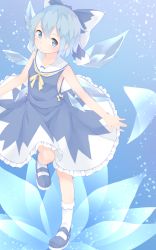 Rule 34 | 1girl, blue dress, blue eyes, blue hair, blue ribbon, cirno, commentary request, dress, fairy wings, female focus, gradient background, hair ribbon, highres, ice, ice wings, mary janes, matching hair/eyes, pale color, ribbon, sakurea, shoes, short hair, sleeveless, sleeveless dress, snowflakes, solo, touhou, wings