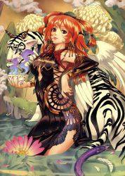 Rule 34 | 1girl, absurdres, china dress, chinese clothes, colorful, dress, earrings, eiwa, highres, jewelry, original, red eyes, red hair, scan, snake, solo, tattoo, tiger, water
