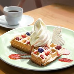 Rule 34 | blueberry, commentary request, cup, food, food focus, fruit, highres, kya4, no humans, original, photorealistic, plate, realistic, saucer, still life, sugar (food), table, tea, waffle, whipped cream