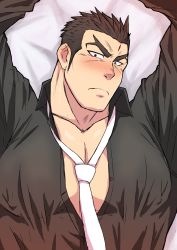 Rule 34 | 1boy, aizen (housamo), arms up, bara, black shirt, blush, covered erect nipples, forehead jewel, forked eyebrows, head tilt, large pectorals, long sideburns, looking at viewer, lying, pectoral cleavage, male focus, muscular, muscular male, necktie, on back, on bed, partially unbuttoned, pectoral focus, pectorals, shigetashigezo, shirt, short hair, sideburns, solo, thick eyebrows, tokyo houkago summoners, upper body