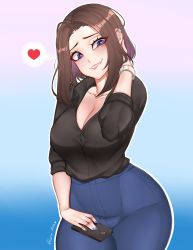 Rule 34 | 1girl, absurdres, black shirt, blue eyes, blue pants, brown hair, commentary request, heart, heart-shaped pupils, highres, kitsunearts, pants, samsung, samsung sam, shirt, standing, symbol-shaped pupils