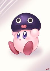 Rule 34 | 2boys, artist name, blue eyes, blue skin, blush, brown eyes, colored skin, feet, gooey (kirby), highres, holding, holding person, kirby, kirby (series), kuromura gin, looking at viewer, male focus, multiple boys, nintendo, no humans, parted lips, pink skin, simple background, sitting, smile, tongue, tongue out, wall-eyed, white background