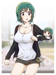 Rule 34 | 1girl, bad id, bad pixiv id, black jacket, blurry, blurry background, breasts, brown eyes, character doll, cleavage, collarbone, cowboy shot, green hair, grey shorts, hairband, highres, idolmaster, idolmaster (classic), jacket, long sleeves, medium breasts, mole, mole under mouth, open clothes, open jacket, open mouth, otonashi kotori, shirt, short hair, short shorts, shorts, sidarim, sleeveless, sleeveless shirt, solo, standing, white background, white shirt, yellow hairband