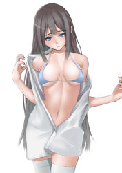 Rule 34 | 1girl, bare shoulders, bikini, bikini top only, bikini under clothes, blue eyes, blush, breasts, brown hair, cleavage, cowboy shot, embarrassed, long hair, medium breasts, muffin (sirumeria), navel, original, simple background, skindentation, solo, strap gap, swimsuit, swimsuit under clothes, thighhighs, underboob, undressing, very long hair, white thighhighs