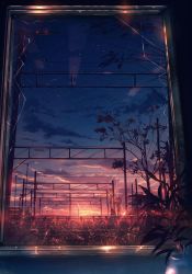 Rule 34 | absurdres, broken glass, broken window, building, chinese commentary, city, cloud, commentary, dark, glass, grass, highres, hill, lamppost, lens flare, night, no humans, original, plant, potted plant, railroad tracks, scenery, sky, skyrick9413, star (sky), sunset, tree, window