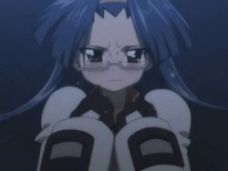 Rule 34 | 1girl, animated, animated gif, aresta blanket, blue hair, blush, bouncing breasts, breasts, brown eyes, cleavage, collarbone, fight ippatsu! juuden-chan!!, glasses, hairband, huge breasts, long hair, lowres, nipples, pout