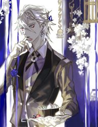 Rule 34 | 1boy, birdcage, bishounen, blue eyes, cage, colored skin, earrings, eyeshadow, fate/apocrypha, fate/grand order, fate (series), hand on own face, highres, jewelry, karna (fate), makeup, male focus, mchi, red eyeshadow, ring, solo, waistcoat, white hair, white skin