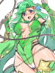 Rule 34 | 1girl, absurdres, aged up, blue eyes, blush, breasts, detached sleeves, earrings, echihiro, final fantasy, final fantasy iv, green hair, green leotard, groin, highres, jewelry, leotard, long hair, looking at viewer, open mouth, rydia (ff4), simple background, smile, solo, thighhighs, white background