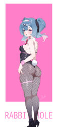 Rule 34 | 1girl, :d, absurdres, ass, back, black footwear, blue eyes, blue hair, blush, breasts, covered erect nipples, detached collar, english text, fishnet pantyhose, fishnets, full body, grey pantyhose, hair ornament, hairband, hairclip, hatsune miku, heart, heart-shaped pupils, high heels, highres, kladd, leotard, medium breasts, open mouth, pantyhose, playboy bunny, rabbit hole (vocaloid), rabbit tail, skindentation, smile, solo, symbol-shaped pupils, tail, thigh strap, twintails, vocaloid