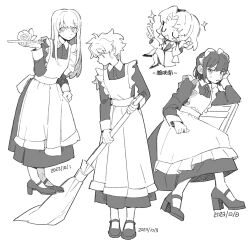Rule 34 | 4girls, apron, broom, closed eyes, dated, greyscale, hand up, highres, holding, holding broom, long hair, long sleeves, looking at viewer, maid, maid apron, minamip, monochrome, multiple girls, original, short hair, sitting, standing