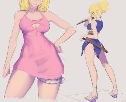 Rule 34 | 1girl, absurdres, ass, blonde hair, blue dress, blue eyes, breasts, choker, cleavage, commentary, cross-laced sandals, daniel deves, dr. stone, dress, from behind, full body, hand on own hip, highres, holding, holding knife, knife, kohaku (dr. stone), long hair, looking at viewer, medium breasts, official alternate costume, pink dress, ponytail, rope belt, simple background, sleeveless, solo, thigh strap, thighs, white choker