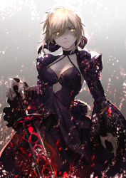 Rule 34 | 1girl, absurdres, artoria pendragon (all), artoria pendragon (fate), backlighting, black dress, black ribbon, braid, breasts, cleavage, closed mouth, dark persona, dress, excalibur morgan (fate), fate/stay night, fate (series), french braid, glowing, glowing eyes, gradient background, grey background, hair ribbon, highres, juliet sleeves, long hair, long sleeves, looking at viewer, medium breasts, puffy sleeves, ribbon, sa nomaru, saber alter, sidelocks, solo, sword, weapon, yellow eyes