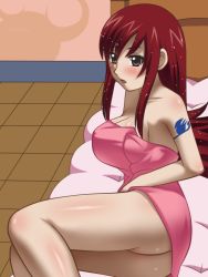 Rule 34 | ass, awa, bare shoulders, bed, blush, breasts, cleavage, erza scarlet, fairy tail, large breasts, legs, long hair, lying, no panties, red eyes, red hair, tattoo, towel