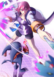 Rule 34 | 1girl, 1other, absurdres, bandana, bandana around neck, beelstarmon, black shorts, braid, breasts, bullet, camisole, card, collarbone, colored skin, demon, demon tail, digimon, digimon card game, digimon liberator, fire, french braid, from behind, gloves, green eyes, hair ornament, highres, holding, holding card, impmon, jacket, jiyuuya, looking at viewer, looking back, medium breasts, open mouth, purple camisole, purple eyes, purple hair, purple skin, red bandana, red footwear, red gloves, shoes, short hair, shorts, spaghetti strap, tail, tile floor, tiles, twitter username, white jacket, white skin, x hair ornament, yuuki (digimon)