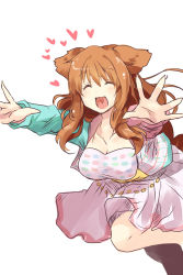 Rule 34 | 10s, 1girl, animal ears, bad id, bad pixiv id, breasts, cleavage, collarbone, dog ears, closed eyes, hanging breasts, heart, highres, idolmaster, idolmaster cinderella girls, large breasts, long hair, long sleeves, moroboshi kirari, open mouth, orange hair, outstretched arms, paopao, solo, taut clothes