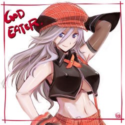 Rule 34 | 10s, 1girl, alisa ilinichina amiella, beret, blue eyes, breasts, copyright name, covered erect nipples, female focus, god eater, god eater burst, hat, highres, large breasts, long hair, looking at viewer, midriff, namco, navel, shoumaru (gadget box), silver hair, simple background, sketch, skirt, smile, solo, suspender skirt, suspenders, underboob