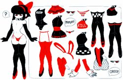 Rule 34 | 1boy, ?, animal ears, ball gag, black hair, black thighhighs, bow, collar, costume, costume chart, dizzyspells, dress-up, earrings, fake tail, gag, garter belt, garter straps, gloves, goth fashion, hair bow, heels, high heels, jewelry, leotard, long glove, looking down, male focus, miniskirt, one eye closed, original, outfits, panties, playboy bunny, playboy bunny swimsuit, rabbit ears, red bow, red eyes, red thighhighs, scythe (dizzyspells), short hair, skirt, sleeveless, solo, speech bubble, spiked collar, spikes, sweatdrop, swimsuit, tail, thighhighs, thong, trap, underwear