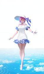 Rule 34 | 1girl, absurdres, bare legs, bare shoulders, barefoot, blue sky, bow, breasts, closed mouth, cloud, cloudy sky, collarbone, commentary, dress, eyelashes, fingernails, frilled skirt, frilled sleeves, frills, full body, hair between eyes, hat, hat bow, highres, jai (whany1998), legs together, medium breasts, original, pink hat, pink lips, purple bow, reflection, reflective floor, ripples, short dress, skirt, sky, smile, solo, standing, standing on liquid, strapless, strapless dress, sun hat, toes, white dress, white hat, wristband