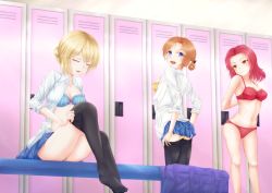 Rule 34 | 10s, 3girls, arms behind back, black bow, black legwear, blonde hair, blue bra, blue eyes, blue panties, blue skirt, bow, bow bra, bra, braid, breasts, brown eyes, closed eyes, clothes lift, clothes pull, commentary request, darjeeling (girls und panzer), dress shirt, feet, from behind, girls und panzer, hair bow, locker, locker room, long hair, long sleeves, looking at another, medium breasts, miniskirt, multiple girls, no shoes, open clothes, open mouth, open shirt, orange hair, orange pekoe (girls und panzer), panties, pantyhose, pantyhose pull, parted bangs, parted lips, pleated skirt, red bra, red hair, red panties, rosehip (girls und panzer), sausan, school uniform, shirt, short hair, sitting, skirt, skirt lift, smile, st. gloriana&#039;s school uniform, standing, twin braids, underwear, underwear only, undressing, white shirt, yellow bra, yellow panties