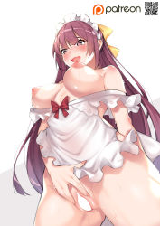Rule 34 | 1girl, apron, bare shoulders, breasts, breasts out, censored, dean (momodean), highres, kamikaze (kancolle), kantai collection, large breasts, long hair, naked apron, nipples, pink eyes, pink hair, pussy, shiny skin, solo, spread pussy, sweat, very long hair