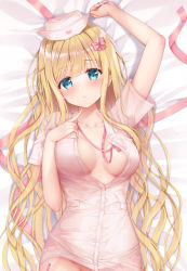 Rule 34 | 1girl, arm up, bed sheet, blonde hair, blush, bow, breasts, collarbone, commentary request, dress, green eyes, groin, hair bow, hand up, hat, head tilt, highres, inagaki minami, long hair, lying, medium breasts, nurse, nurse cap, on back, open clothes, open dress, out-of-frame censoring, parted lips, pink bow, pink dress, pink hat, short sleeves, solo, sousouman, toranoana, very long hair