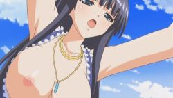 Rule 34 | animated, animated gif, armpits, black hair, blue eyes, blush, bouncing breasts, breasts, clothed sex, hime-sama gentei!, jewelry, large breasts, moaning, necklace, nipples, olivia edywolf, open clothes, open mouth, poro, sex