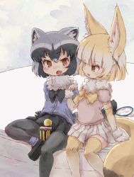 Rule 34 | 10s, 2girls, animal ears, blonde hair, bow, bowtie, commentary request, common raccoon (kemono friends), elbow gloves, fang, fennec (kemono friends), food, food on face, fox ears, fox tail, fur collar, fur trim, gloves, grey hair, highres, kemono friends, kolshica, multicolored hair, multiple girls, open mouth, pantyhose, pleated skirt, puffy short sleeves, puffy sleeves, raccoon ears, raccoon tail, rice, short hair, short sleeves, sitting, skirt, tail, thighhighs, white hair, zettai ryouiki