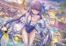 Rule 34 | 1girl, :o, bare shoulders, bird, blue eyes, blue one-piece swimsuit, breasts, building, chair, choker, cleavage, cloud, cloudy sky, collarbone, covered navel, cup, day, drinking glass, fate/grand order, fate (series), ferris wheel, frills, gradient sky, groin, lamp, long hair, long sleeves, looking at viewer, meltryllis, meltryllis (fate), meltryllis (swimsuit lancer) (fate), meltryllis (swimsuit lancer) (second ascension) (fate), one-piece swimsuit, outdoors, parted lips, penguin, pool, purple hair, sky, sleeves past fingers, sleeves past wrists, small breasts, solo, standing, swimsuit, thighs, torino aqua, tower, tree, very long hair