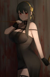 Rule 34 | 1girl, bare shoulders, black dress, black gloves, black hair, blood, blood on face, blood on wall, bloody weapon, breasts, cowboy shot, dagger, dress, dual wielding, fingerless gloves, flower, gloves, gold hairband, hair flower, hair ornament, hairband, hand up, highres, holding, holding dagger, holding knife, holding weapon, knife, large breasts, long hair, nail polish, red eyes, red nails, reverse grip, rose, senju (snz0), short hair with long locks, sidelocks, solo, spikes, spy x family, weapon, yor briar