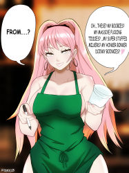 Rule 34 | 1girl, alternate costume, apron, artist name, bare shoulders, breasts, ceroccb, closed mouth, cup, earrings, english text, female focus, fire emblem, fire emblem: three houses, highres, hilda valentine goneril, holding, holding cup, holding pen, hoop earrings, iced latte with breast milk (meme), jewelry, large breasts, looking at viewer, matching hair/eyes, meme, naked apron, nintendo, pen, pink eyes, pink hair, smile, smug, solo, thighs, wide hips