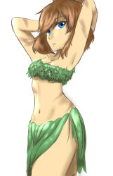 Rule 34 | 1girl, armpits, arms behind head, artist request, bare shoulders, blue eyes, breasts, brown hair, child, collarbone, creatures (company), dirty, female focus, game freak, grass skirt, highres, leaf bikini, legs, looking at viewer, may (pokemon), midriff, navel, neck, nintendo, no panties, pokemon, pokemon adventures, short hair, simple background, small breasts, solo, thighs, white background