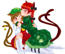 Rule 34 | 2girls, :&lt;, animal ears, bell, blush, bow, braid, brown hair, cameltoe, cat ears, cat girl, cat tail, chen, dorogumi, dress, female focus, hair bow, hair ribbon, hat, hug, jingle bell, kaenbyou rin, kneehighs, kneeling, multiple girls, multiple tails, no mouth, one eye closed, panties, pantyshot, profile, red eyes, red hair, ribbon, short hair, sitting, socks, tail, tail bell, tail ornament, thighhighs, touhou, twin braids, twintails, underwear, white background, white panties, wince, wink