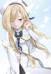 Rule 34 | 1girl, alicia florence, aogirism, aria (manga), aria company uniform, beret, black pantyhose, blonde hair, blue background, blue bow, blue bowtie, blue eyes, blue ribbon, bow, bowtie, braid, braided ponytail, breasts, capelet, dress, gold trim, gradient background, hair over one eye, hand up, hat, hat ribbon, highres, leaning forward, long hair, long sleeves, looking to the side, pantyhose, parted bangs, ribbon, side slit, sidelocks, small breasts, smile, solo, very long hair, white background, white capelet, white dress, white hat