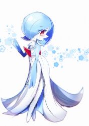 Rule 34 | 1boy, absurdres, alternate color, ascot, blue flower, blue hair, blue skin, blush, bob cut, chisen maimai, closed mouth, colored skin, creatures (company), flower, full body, game freak, gardevoir, gen 3 pokemon, hair over one eye, hand up, happy, highres, looking to the side, male focus, multicolored skin, nintendo, omega symbol, one eye covered, pokemon, pokemon (creature), red eyes, shiny pokemon, short hair, smile, solo, standing, symbol-shaped pupils, trap, two-tone skin, white ascot, white background, white skin