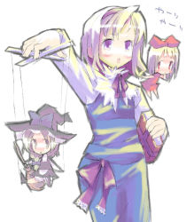 Rule 34 | 1girl, alice margatroid, blonde hair, blush, blush stickers, book, bow, braid, broom, female focus, hair bow, hat, kirisame marisa, long sleeves, looking at viewer, open mouth, puppet strings, purple eyes, red eyes, short hair, simple background, single braid, solo, touhou, white background, witch hat, xexu