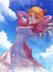 Rule 34 | 1girl, arms behind head, blonde hair, blue eyes, bow, breasts, chrono cross, cloud, cloudy sky, cowboy shot, dress, hair bow, highres, juliet sleeves, kid (chrono cross), long hair, long sleeves, looking at viewer, medium breasts, official alternate costume, outdoors, pink bow, pink dress, puffy sleeves, sky, smile, solo, turtleneck, two-tone dress, white dress, yawaraka bear