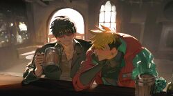 2boys bar_(place) beer_stein black_gloves black_hair black_jacket black_shirt blonde_hair blurry blurry_background blush citronplanet clenched_teeth closed_eyes coat collared_shirt cup earrings fingerless_gloves glasses gloves hair_between_eyes head_on_hand highres holding holding_cup indoors jacket jewelry looking_at_another male_focus mechanical_arms mole mole_under_eye multiple_boys nicholas_d._wolfwood red_coat round_eyewear shirt single_earring single_mechanical_arm suit_jacket sunglasses sweat teeth thick_eyebrows trigun trigun_stampede turtleneck undercut upper_body vash_the_stampede white_shirt yaoi